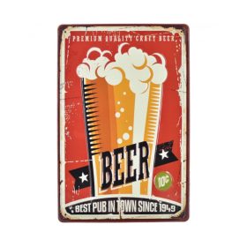   Vintage Dekor Fémtábla, dombornyomott 'BEER' felirat, retro hangulatú kialakítás, 20x30cm, vörös háttér