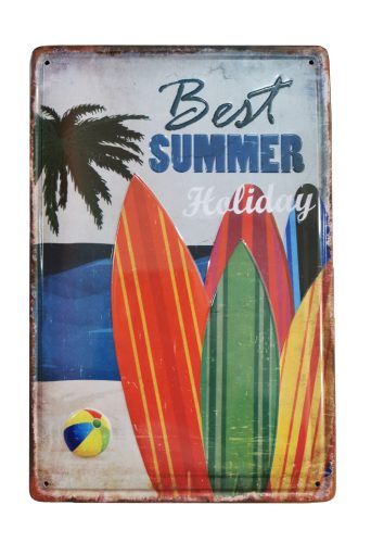 Vintage Dekor Fémtábla, dombornyomott 'Summer' felirat, retro hangulatú kialakítás, 20x30cm