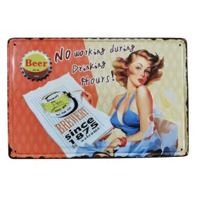   Vintage Dekor Fémtábla, dombornyomott, 'No working during drinking hours!' felirat, retro hangulatú kialakítás, 30x20cm