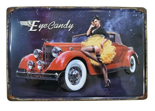 Vintage Dekor Fémtábla, dombornyomott 'Eye Candy' felirat, retro hangulatú kialakítás, 30x20cm