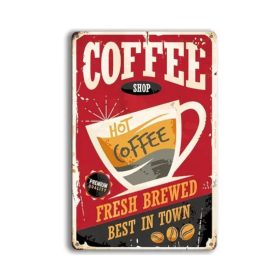   Vintage Dekor Fémtábla, dombornyomott 'COFFEE' felirat, retro hangulatú kialakítás, 20x30cm, piros háttér