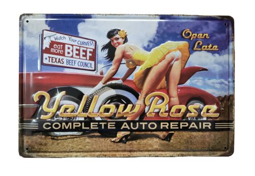 Vintage Dekor Fémtábla, dombornyomott 'Yellow Rose' felirat, retro hangulatú kialakítás, 30x20cm