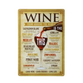   Vintage Dekor Fémtábla, dombornyomott, 'WINE' felirat, retro hangulatú kialakítás, 20x30cm