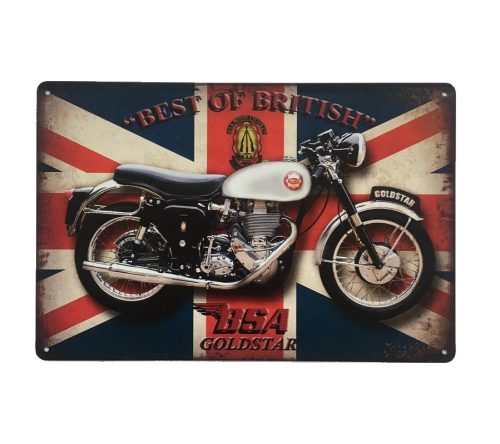 Vintage Dekor Fémtábla, dombornyomott, 'Best of British' felirat és BSA Gold Star Motorkerékpár, retro hangulatú kialakítás, 30x20cm