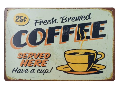 Vintage Dekor Fémtábla, dombornyomott 'COFFEE' felirat, retro hangulatú kialakítás, 30x20cm, kékes-zöld háttér