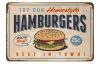 Vintage Dekor Fémtábla, dombornyomott, 'HAMBURGERS' felirat, retro hangulatú kialakítás, 30x20cm