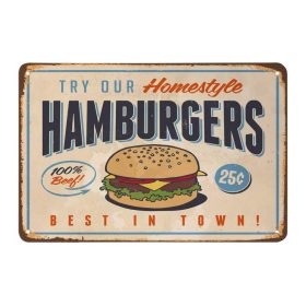   Vintage Dekor Fémtábla, dombornyomott, 'HAMBURGERS' felirat, retro hangulatú kialakítás, 30x20cm