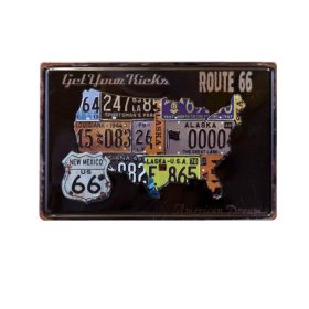   Vintage Dekor Fémtábla, dombornyomott USA térkép, 'Route 66' felirat, retro hangulatú kialakítás, 30x20cm