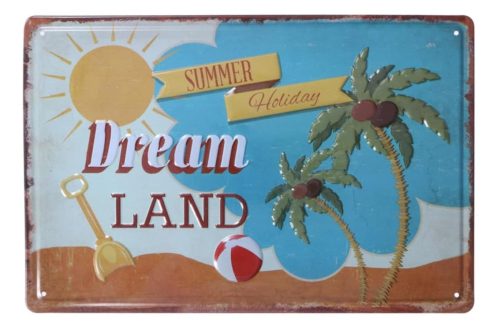 Vintage Dekor Fémtábla, dombornyomott 'DREAM LAND' felirat, retro hangulatú kialakítás, 30x20cm