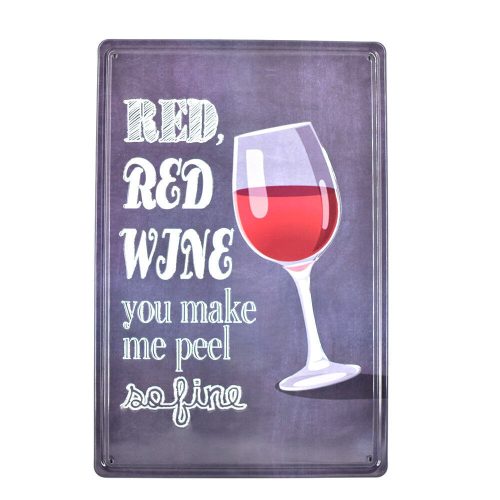 Vintage Dekor Fémtábla, dombornyomott 'RED, RED WINE' felirat, retro hangulatú kialakítás, 20x30cm