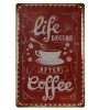 Vintage Dekor Fémtábla, dombornyomott 'life begins after Coffee' felirat, retro hangulatú kialakítás, 20x30cm, vöröses háttér