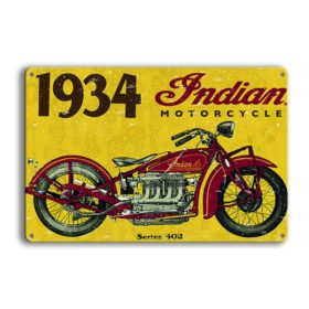   Vintage Dekor Fémtábla, dombornyomott, '1934 Indian Motorcycle' felirat és Indian Scout Motorkerékpár, retro hangulatú kialakítás, 30x20cm, sárga háttér