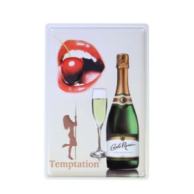   Vintage Dekor Fémtábla, dombornyomott, 'Temptation' felirat és egy üveg Carlo Rossi, retro hangulatú kialakítás, 20x30cm