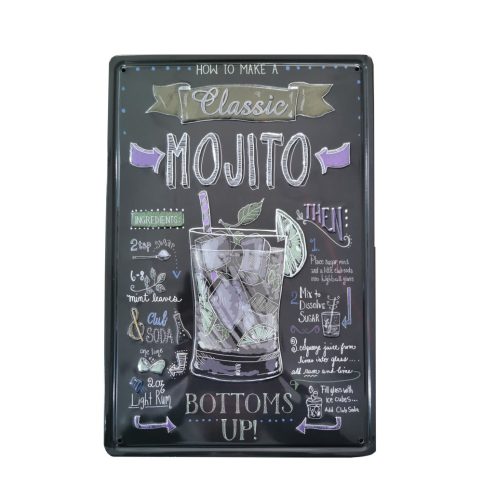 Vintage Dekor Fémtábla, dombornyomott 'MOJITO' felirat, retro hangulatú kialakítás, 20x30cm, sötét háttér