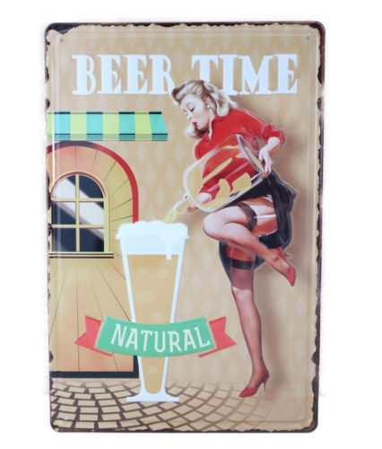 Vintage Dekor Fémtábla, dombornyomott 'BEER TIME' felirat, retro hangulatú kialakítás, 20x30cm