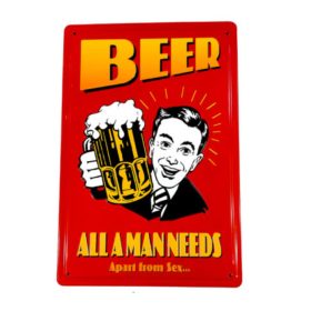   Vintage Dekor Fémtábla, dombornyomott 'BEER' felirat, retro hangulatú kialakítás, 20x30cm, piros háttér