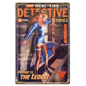   Vintage Dekor Fémtábla, dombornyomott, 'Real-Life DETECTIVE stories' felirattal, retro hangulatú kialakítás, 20x30cm