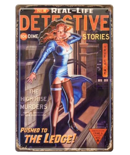 Vintage Dekor Fémtábla, dombornyomott, 'Real-Life DETECTIVE stories' felirattal, retro hangulatú kialakítás, 20x30cm