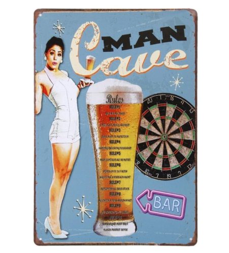 Vintage Dekor Fémtábla, dombornyomott 'MAN Cave' felirat, retro hangulatú kialakítás, 20x30cm, világoskék háttér