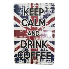   Vintage Dekor Fémtábla, dombornyomott 'Keep Calm and Drink Coffee' felirat, retro hangulatú kialakítás, 20x30cm, angol zászlós háttér