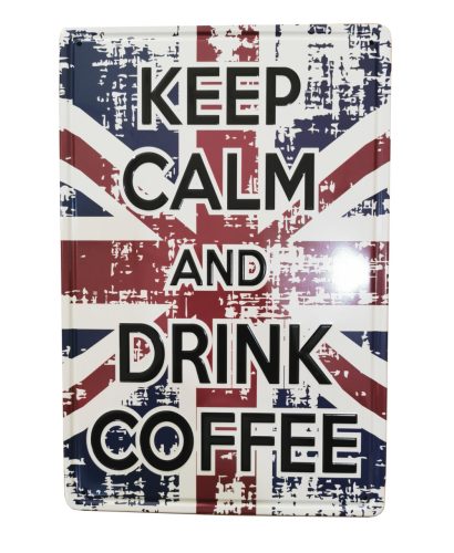 Vintage Dekor Fémtábla, dombornyomott 'Keep Calm and Drink Coffee' felirat, retro hangulatú kialakítás, 20x30cm, angol zászlós háttér