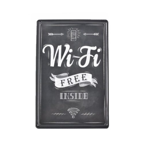 Vintage Dekor Fémtábla, dombornyomott 'Wi-Fi Free' felirat, retro hangulatú kialakítás, 20x30cm
