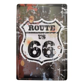   Vintage Dekor Fémtábla, dombornyomott, 'Route 66' felirat, retro hangulatú kialakítás, 20x30cm