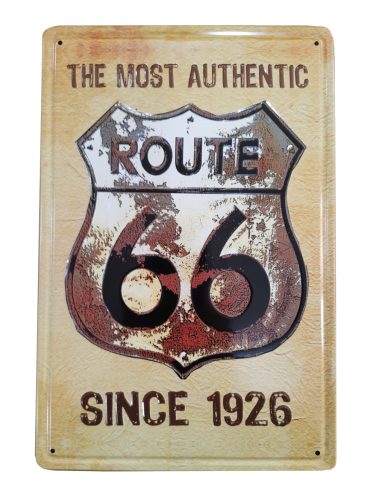 Vintage Dekor Fémtábla, dombornyomott 'Route 66 since 1926' felirat, retro hangulatú kialakítás, 20x30cm