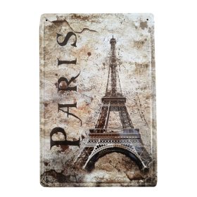   Vintage Dekor Fémtábla, Eiffel-torony dombornyomott fényképe, 'Paris' felirat, retro hangulatú kialakítás, 20x30cm