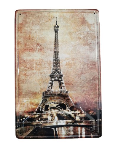 Vintage Dekor Fémtábla, Eiffel-torony dombornyomott fényképe, retro hangulatú kialakítás, 20x30cm