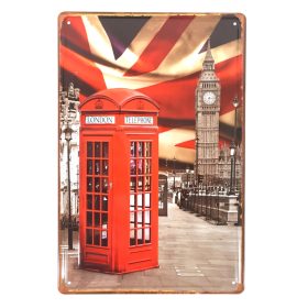   Vintage Dekor Fémtábla, dombornyomott, 'London Telephone' felirat és londoni telefonfülke, retro hangulatú kialakítás, 20x30cm