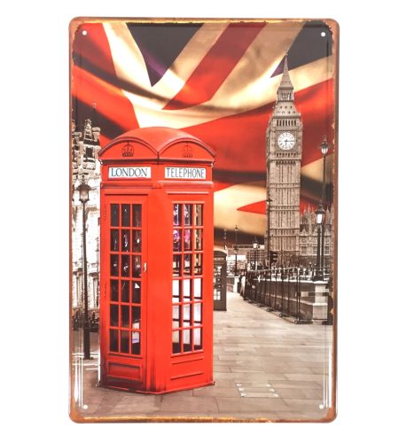 Vintage Dekor Fémtábla, dombornyomott, 'London Telephone' felirat és londoni telefonfülke, retro hangulatú kialakítás, 20x30cm