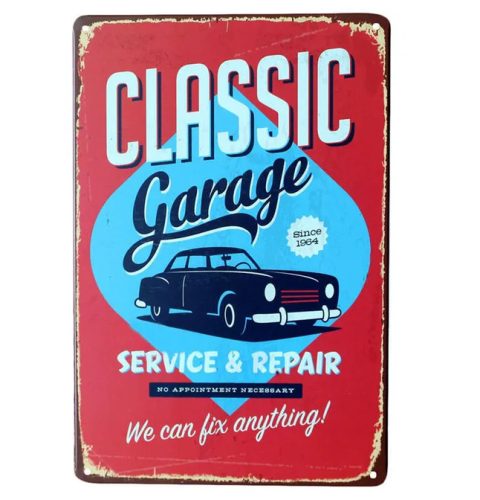 Vintage Dekor Fémtábla, dombornyomott 'Classic Garage' felirat, retro hangulatú kialakítás, 20x30cm