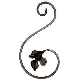   Gépi megmunkálású S-elem, préselt levéllel, kovácsoltvas alkatrész/kerítés-/ablakrácselem, 25cm (12x6mm)