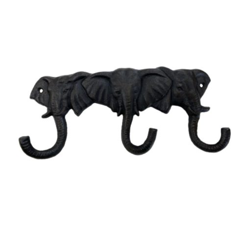 Öntöttvas Fogas, 3 Elefánt ormány akasztó, Vintage hangulatú dizájnnal, fekete