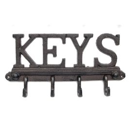   Öntöttvas Fogas, 'KEYS' feliratú, kabát, kulcs, póráz akasztó, Vintage hangulatú dizájnnal, fekete